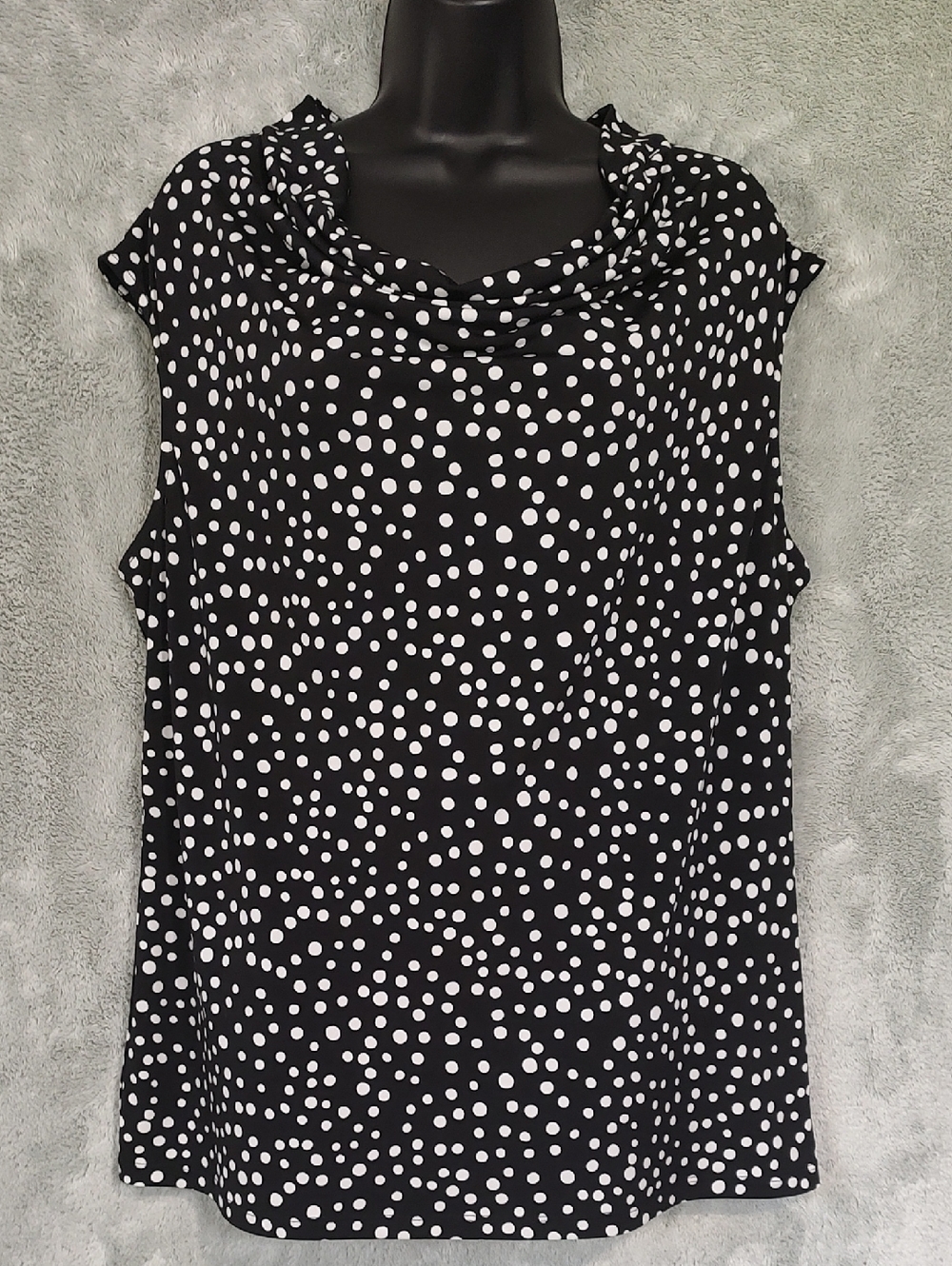 Evan Picone Black and White Polka Dot Sleeveless Cowl Neck Blouse